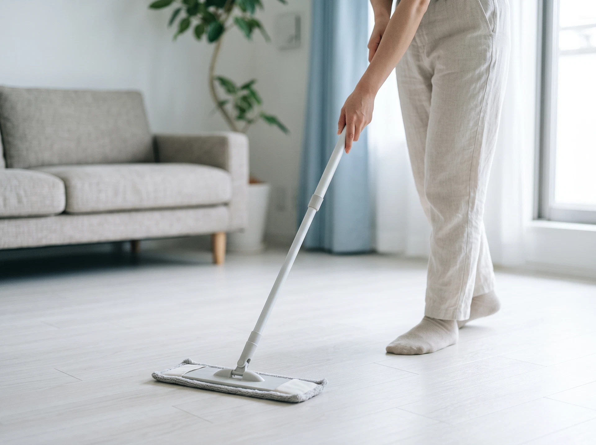 Người đang dùng cây lau phẳng chăm sóc sàn nhà, không có sản phẩm mang nhãn hiệu