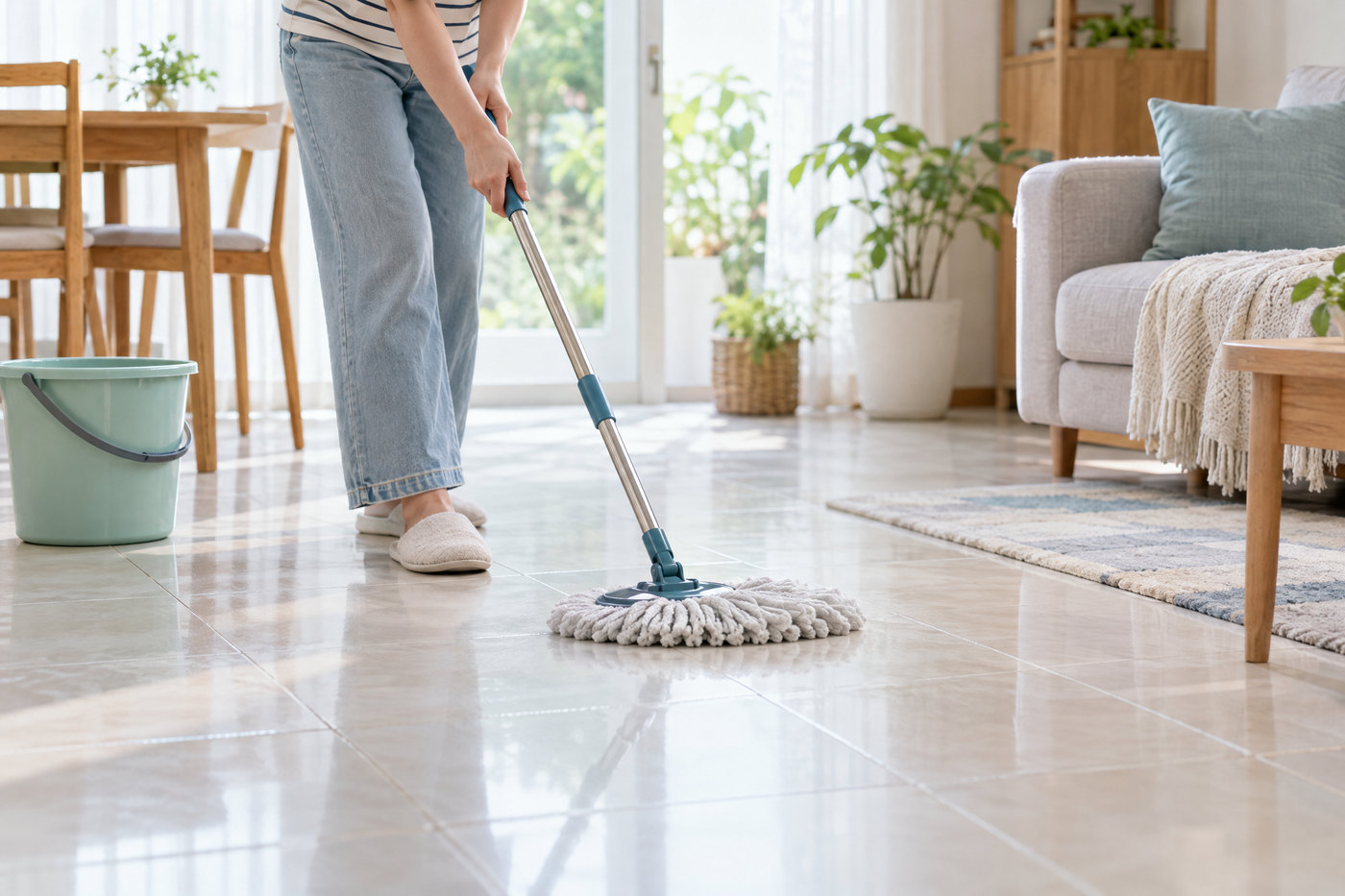 Người đang lau sàn trong căn nhà sáng sủa