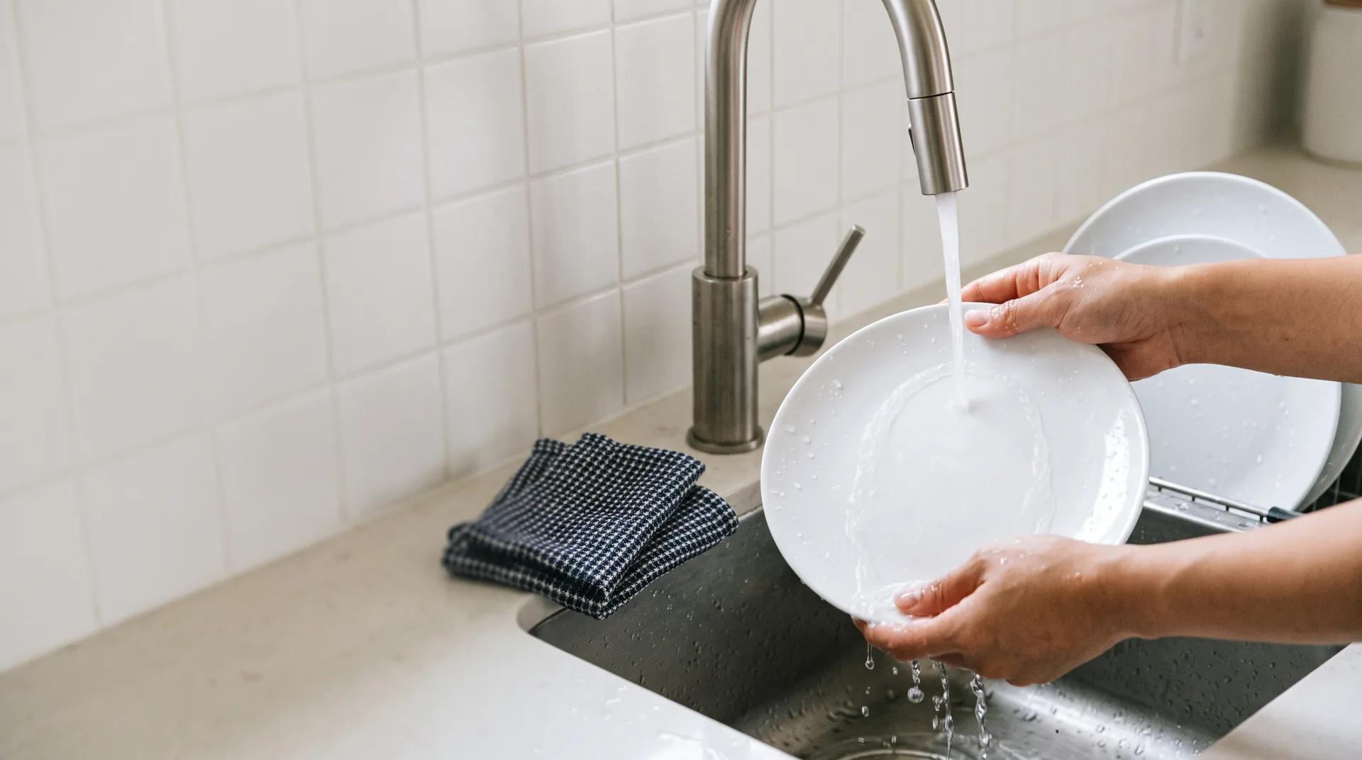 Ảnh biên tập đôi tay rửa bát đĩa tại bồn rửa sáng, không có chai hay nhãn sản phẩm