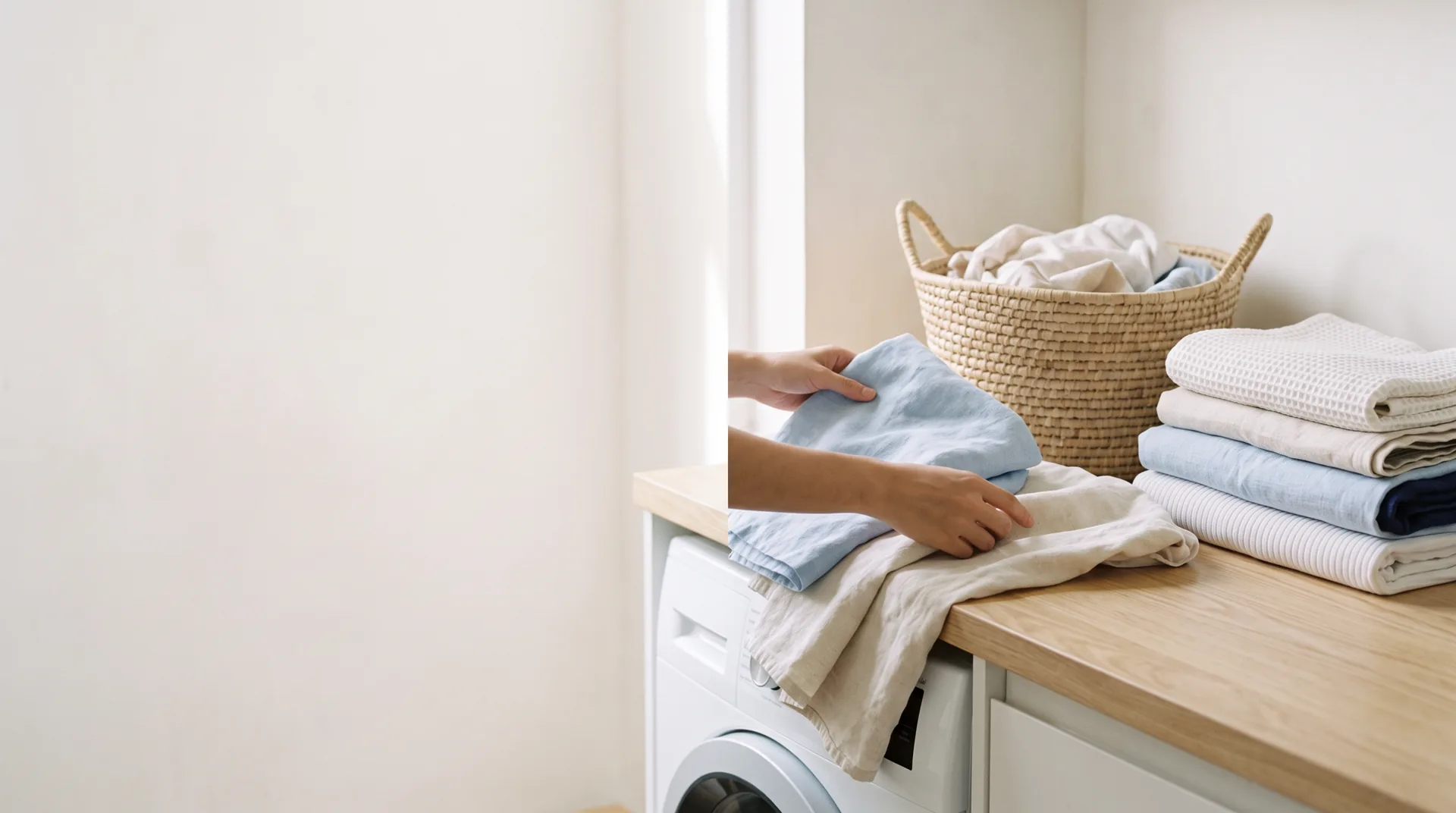 Ảnh biên tập quần áo gấp gọn và giỏ đồ trong phòng giặt sáng, không có sản phẩm mang nhãn hiệu