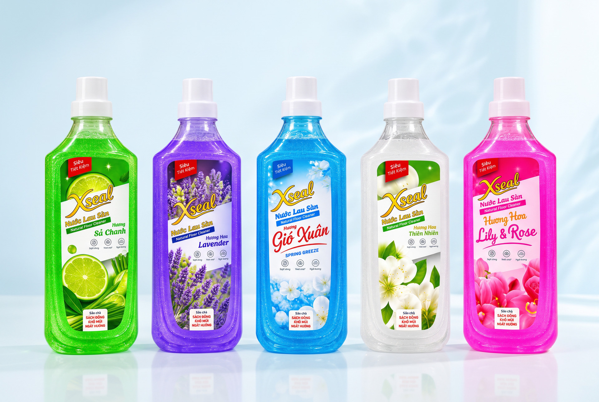 Bộ sưu tập năm chai XSEAL: Sả Chanh, Lavender, Gió Xuân, Hoa Thiên Nhiên và Lily & Rose